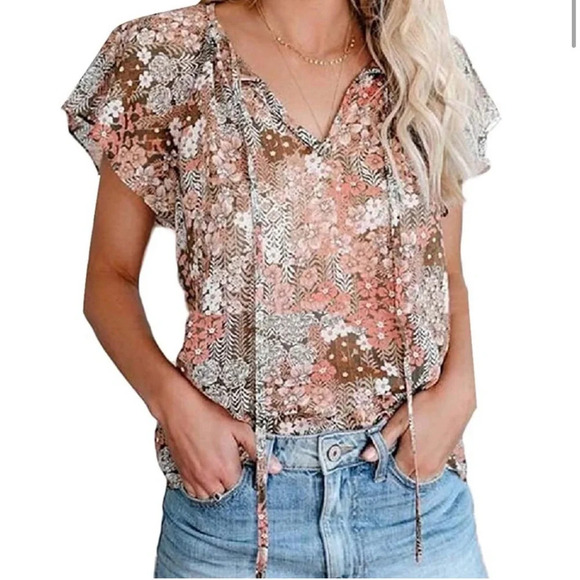 Vici Women’s Blouse Top Career Academia Romantic Flutter Sleeve Blush Pink Nice - Picture 8 of 8